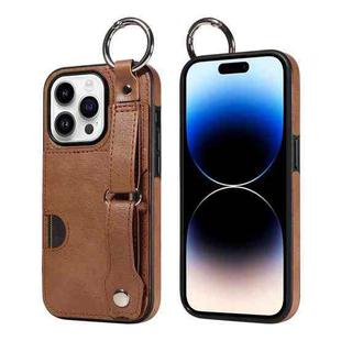 For iPhone 14 Pro Calf Texture Wrist Card Slot Ring Phone Case(Brown)