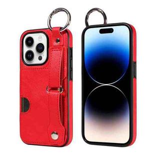 For iPhone 14 Pro Calf Texture Wrist Card Slot Ring Phone Case(Red)