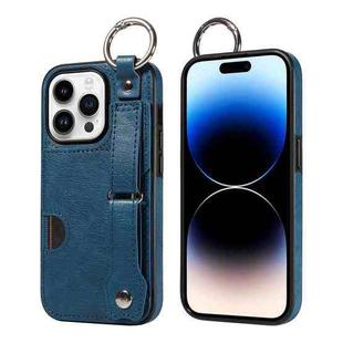 For iPhone 14 Pro Calf Texture Wrist Card Slot Ring Phone Case(Blue)