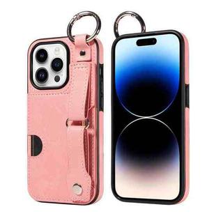 For iPhone 14 Pro Max Calf Texture Wrist Card Slot Ring Phone Case(Pink)