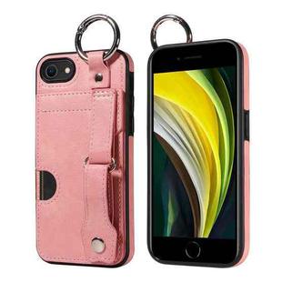 For iPhone 7 / 8 / SE 2022 Calf Texture Wrist Card Slot Ring Phone Case(Pink)