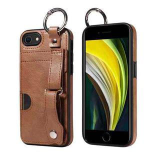 For iPhone 7 / 8 / SE 2022 Calf Texture Wrist Card Slot Ring Phone Case(Brown)