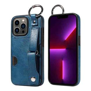 For iPhone 13 Pro Calf Texture Wrist Card Slot Ring Phone Case(Blue)