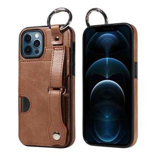 For iPhone 12 / 12 Pro Calf Texture Wrist Card Slot Ring Phone Case(Brown)