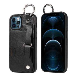 For iPhone 12 / 12 Pro Calf Texture Wrist Card Slot Ring Phone Case(Black)