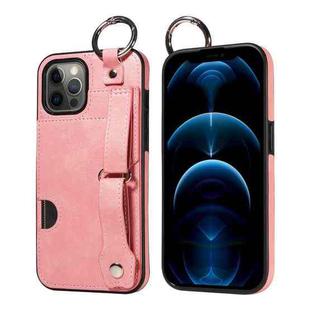 For iPhone 12 Pro Max Calf Texture Wrist Card Slot Ring Phone Case(Pink)