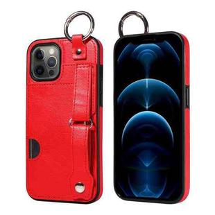 For iPhone 12 Pro Max Calf Texture Wrist Card Slot Ring Phone Case(Red)