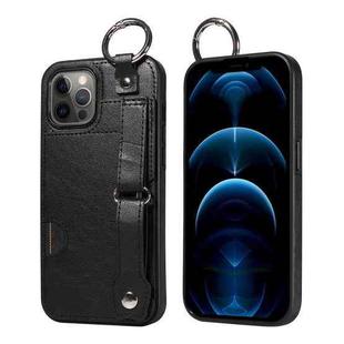For iPhone 12 Pro Max Calf Texture Wrist Card Slot Ring Phone Case(Black)