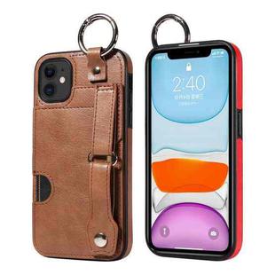 For iPhone 11 Calf Texture Wrist Card Slot Ring Phone Case(Brown)