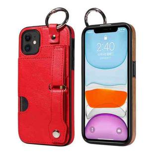 For iPhone 11 Calf Texture Wrist Card Slot Ring Phone Case(Red)