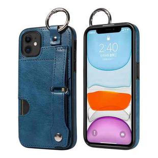 For iPhone 11 Calf Texture Wrist Card Slot Ring Phone Case(Blue)