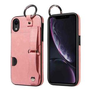 For iPhone XR Calf Texture Wrist Card Slot Ring Phone Case(Pink)
