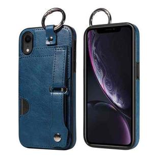 For iPhone XR Calf Texture Wrist Card Slot Ring Phone Case(Blue)