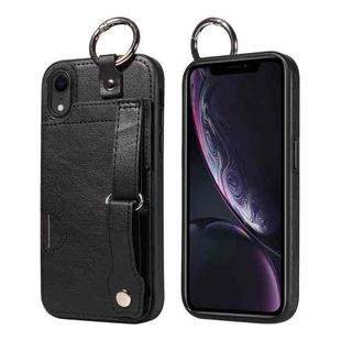 For iPhone XR Calf Texture Wrist Card Slot Ring Phone Case(Black)