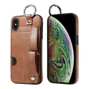 For iPhone XS Max Calf Texture Wrist Card Slot Ring Phone Case(Brown)