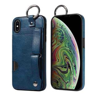 For iPhone XS Max Calf Texture Wrist Card Slot Ring Phone Case(Blue)