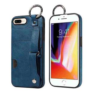 For iPhone 7 Plus / 8 Plus Calf Texture Wrist Card Slot Ring Phone Case(Blue)