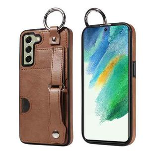 For Samsung Galaxy S21 FE 5G Calf Texture Wrist Card Slot Ring Phone Case(Brown)