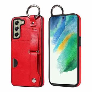 For Samsung Galaxy S21 FE 5G Calf Texture Wrist Card Slot Ring Phone Case(Red)