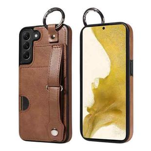 For Samsung Galaxy S22+ 5G Calf Texture Wrist Card Slot Ring Phone Case(Brown)