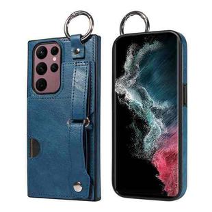 For Samsung Galaxy S22 Ultra 5G Calf Texture Wrist Card Slot Ring Phone Case(Blue)