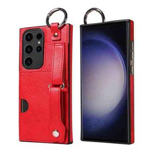 For Samsung Galaxy S23 Ultra 5G Calf Texture Wrist Card Slot Ring Phone Case(Red)