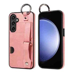 For Samsung Galaxy S23 FE 5G Calf Texture Wrist Card Slot Ring Phone Case(Pink)