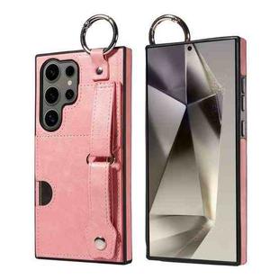 For Samsung Galaxy S24 Ultra 5G Calf Texture Wrist Card Slot Ring Phone Case(Pink)