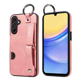 For Samsung Galaxy A15 Calf Texture Wrist Card Slot Ring Phone Case(Pink)