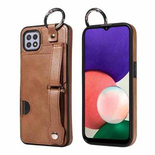 For Samsung Galaxy A22 5G Calf Texture Wrist Card Slot Ring Phone Case(Brown)