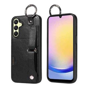 For Samsung Galaxy A25 5G Global Calf Texture Wrist Card Slot Ring Phone Case(Black)