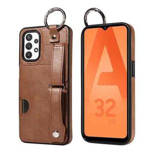 For Samsung Galaxy A32 5G Calf Texture Wrist Card Slot Ring Phone Case(Brown)