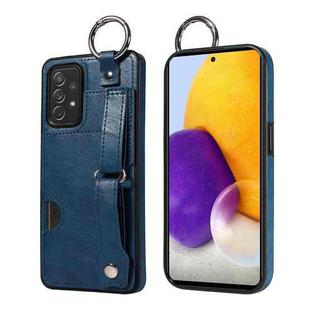 For Samsung Galaxy A52 4G/5G Calf Texture Wrist Card Slot Ring Phone Case(Blue)