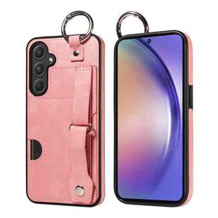 For Samsung Galaxy A55 5G Calf Texture Wrist Card Slot Ring Phone Case(Pink)