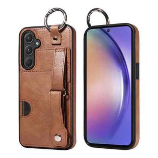 For Samsung Galaxy A55 5G Calf Texture Wrist Card Slot Ring Phone Case(Brown)