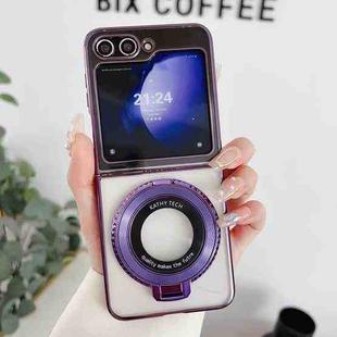For Samsung Gaxy Z Flip5 5G Plating Fold MagSafe Rotating Holder PC Shockproof Phone Case(Purple)
