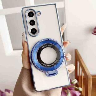 For Samsung Galaxy Z Fold5 5G Plating Fold MagSafe Rotating Holder PC Shockproof Phone Case(Blue)