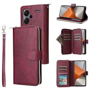 For Xiaomi Redmi Note 13 Pro+ 9 Card Slots Zipper Wallet Bag Leather Phone Case(Wine Red)