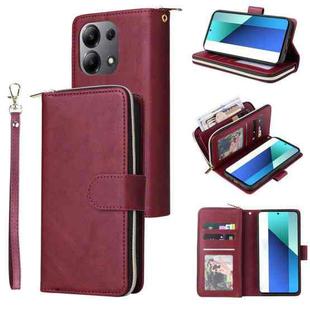 For Redmi Note 13 4G 9-Card Slots Zipper Wallet Bag Leather Phone Case(Wine Red)