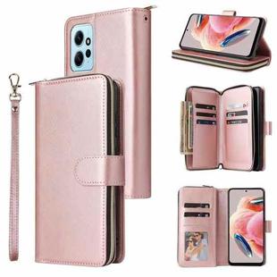 For Redmi Note 12 4G Global 9 Card Slots Zipper Wallet Bag Leather Phone Case(Rose Gold)