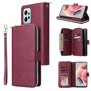 For Redmi Note 12 4G Global 9 Card Slots Zipper Wallet Bag Leather Phone Case(Wine Red)