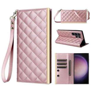 For Samsung Galaxy S24 Ultra 5G Crossbody Rhombic Sucker Leather Phone Case(Rose Gold)