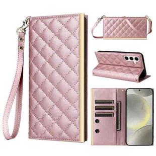 For Samsung Galaxy S24 5G Crossbody Rhombic Sucker Leather Phone Case(Rose Gold)