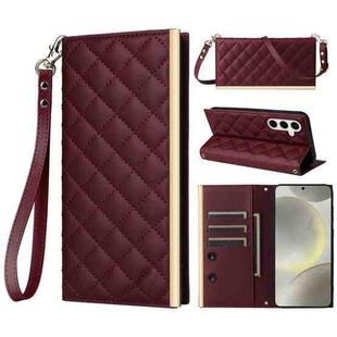 For Samsung Galaxy S24+ 5G Crossbody Rhombic Sucker Leather Phone Case(Claret)