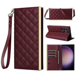 For Samsung Galaxy S23 Ultra 5G Crossbody Rhombic Sucker Leather Phone Case(Claret)