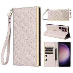 For Samsung Galaxy S22 Ultra 5G Crossbody Rhombic Sucker Leather Phone Case(White)