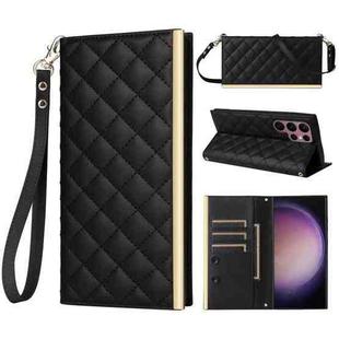 For Samsung Galaxy S22 Ultra 5G Crossbody Rhombic Sucker Leather Phone Case(Black)