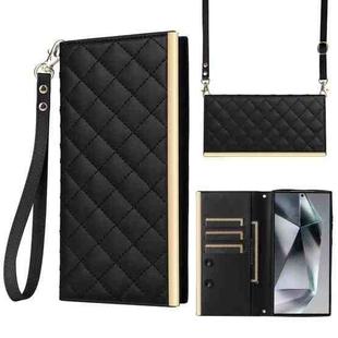 For Samsung Galaxy S25 Ultra 5G Crossbody Rhombic Sucker Leather Phone Case(Black)