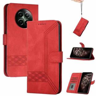 For Realme 12 5G Global Cubic Skin Feel Flip Leather Phone Case(Red)