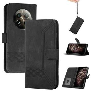 For Realme 12+ 5G Global Cubic Skin Feel Flip Leather Phone Case(Black)